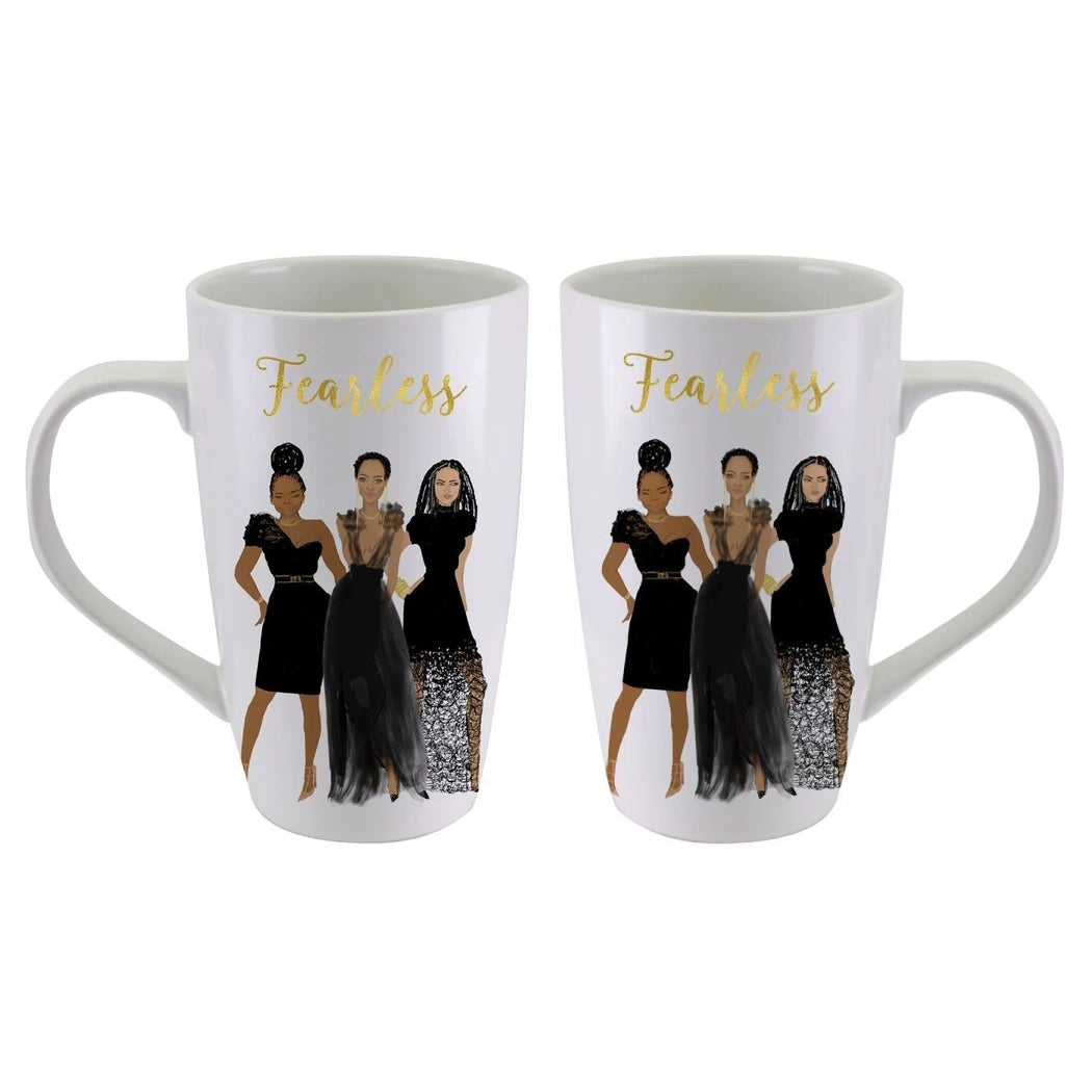 Fearless Ceramic Latte Mug by Nicholle Kobi (Main) - A pair of dangling earrings featuring cartoon black-and-white cats with pink inner ears, attached to gold fishhook wires, shown on a plain white background.