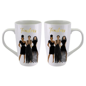 Fearless Ceramic Latte Mug by Nicholle Kobi (Main) - A pair of dangling earrings featuring cartoon black-and-white cats with pink inner ears, attached to gold fishhook wires, shown on a plain white background.
