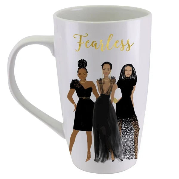 Fearless Ceramic Latte Mug by Nicholle Kobi (Rear) - A white ceramic mug featuring a gold foil script that reads 'Fearless' above an illustration of three Black women wearing elegant black dresses, set against a plain white background.