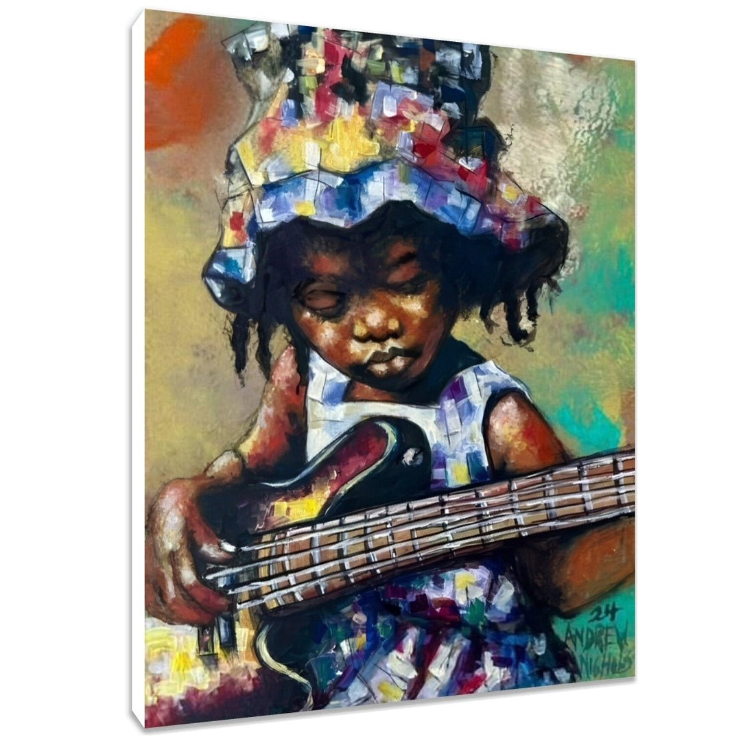 Feelin' Good: The Bassist by Andrew Nichols (Stretched Canvas) - Painting of a child playing a guitar with a colorful hat. - 