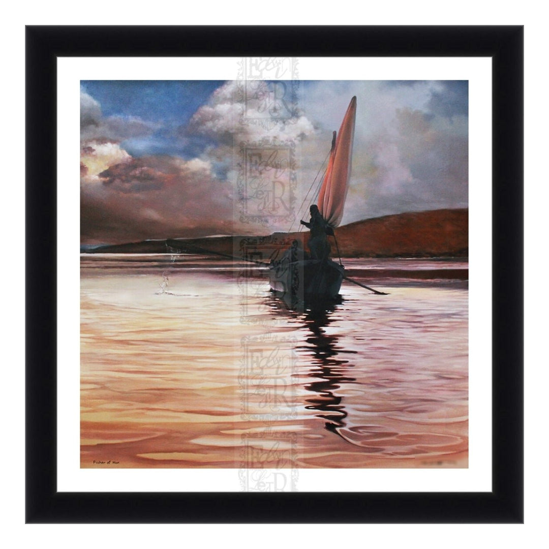 Fishers of Men: Simon Peter and Andrew by Edwin Lester (Black Frame) - Framed artwork of a sailboat on water with a black frame