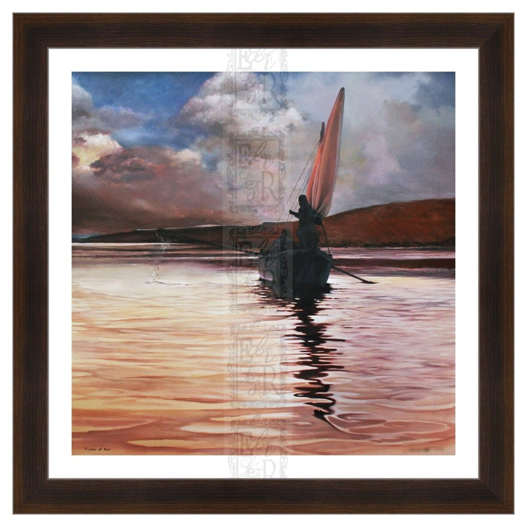 Fishers of Men: Simon Peter and Andrew by Edwin Lester (Brown Frame) - Framed painting of a sailboat on water with a dramatic sky.