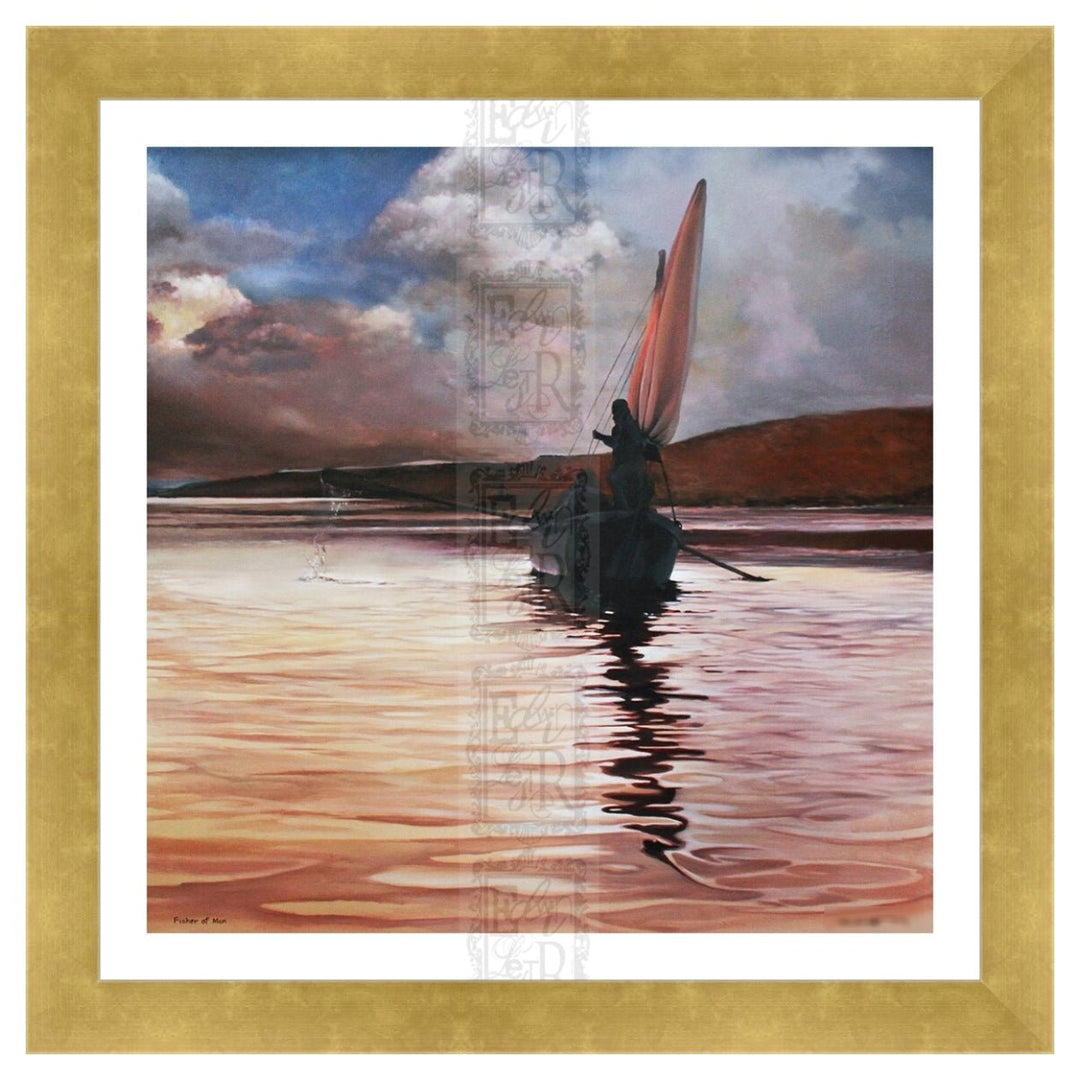Fishers of Men: Simon Peter and Andrew by Edwin Lester (Gold Frame) - Painting of a boat on water with a gold frame