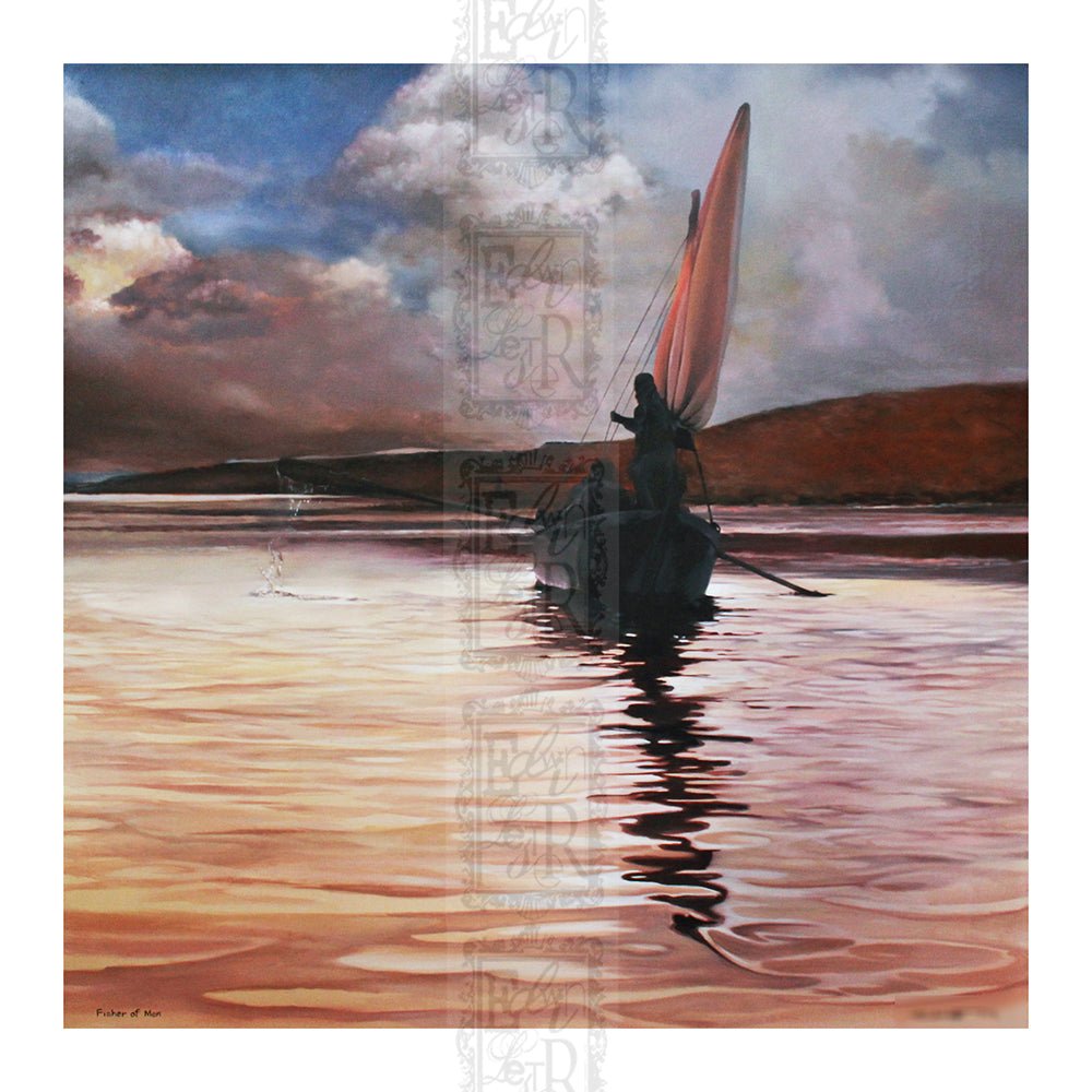Fishers of Men: Simon Peter and Andrew by Edwin Lester - Artistic depiction of a person in a boat on water with a colorful sky.