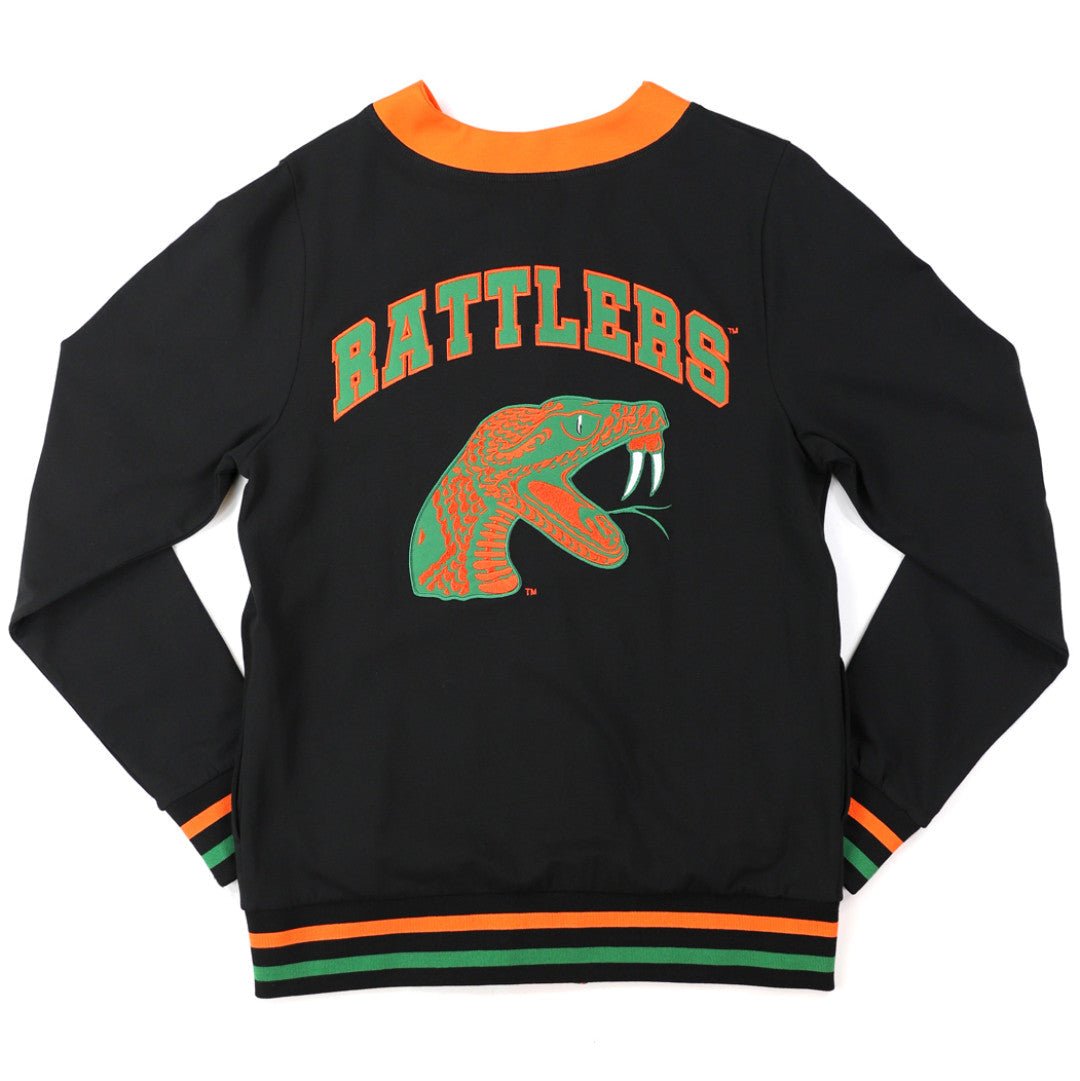 Florida A&M University Rattlers (FAMU) Women's Cardigan (Rear) - A black long-sleeve sweatshirt with orange and green accents, featuring a large 'BATTlers' graphic and a coiled rattlesnake logo on the back. The sweatshirt has an orange crew neck and striped orange and green ribbed cuffs and hem.