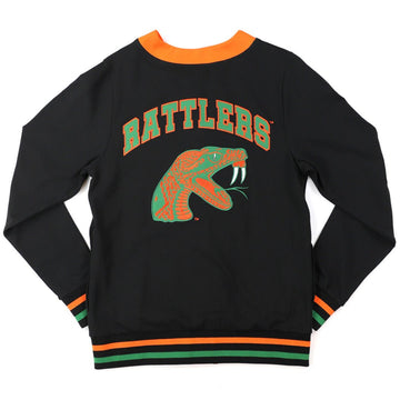 Florida A&M University Rattlers (FAMU) Women's Cardigan (Rear) - A black long-sleeve sweatshirt with orange and green accents, featuring a large 'BATTlers' graphic and a coiled rattlesnake logo on the back. The sweatshirt has an orange crew neck and striped orange and green ribbed cuffs and hem.