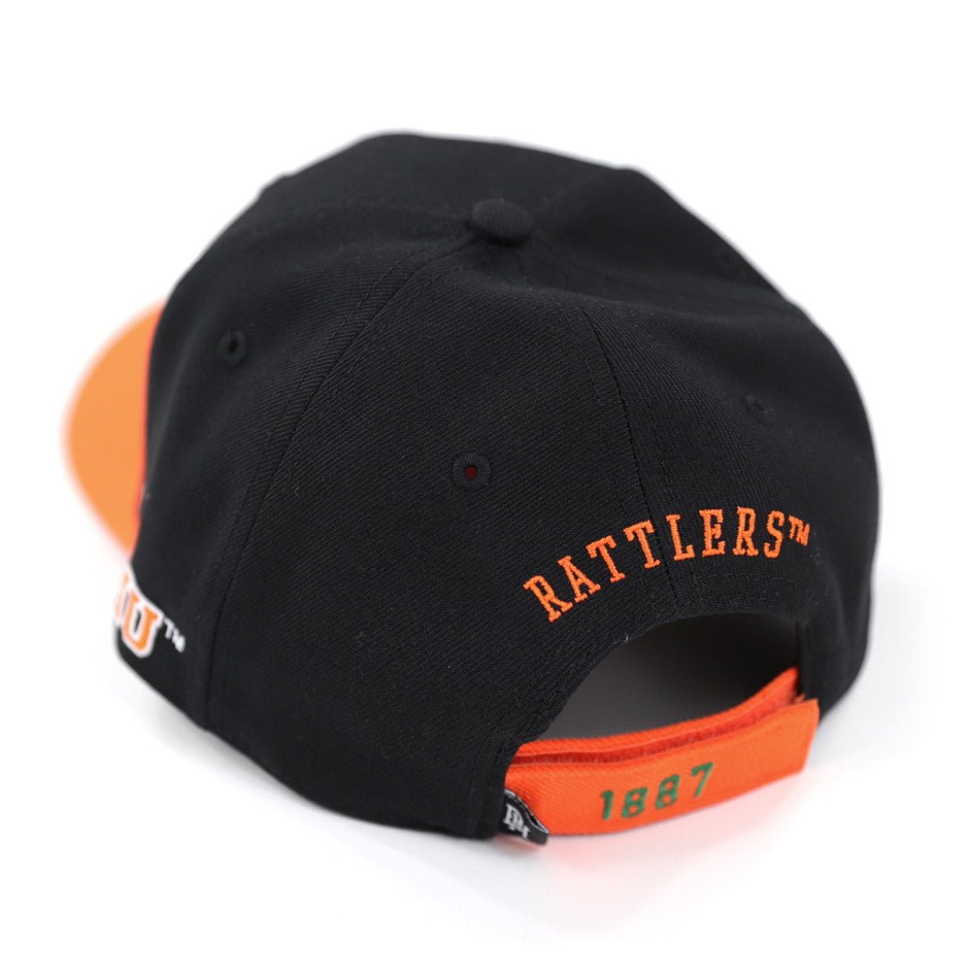Florida A&M University (FAMU) Rattler Baseball Cap (Black, Rear) - Black cap with orange interior and 'Rattlers' branding on a white background