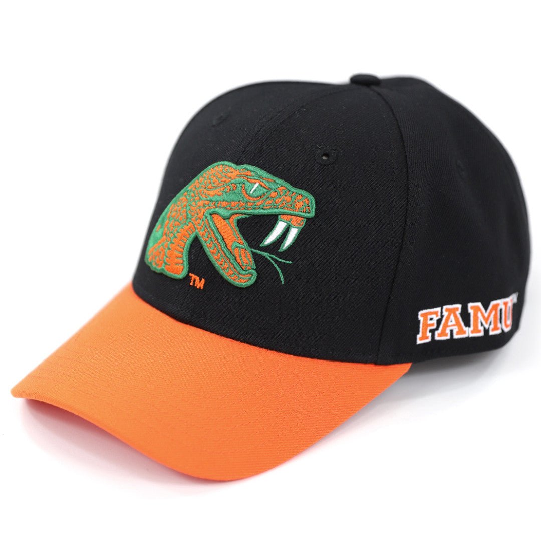 Florida A&M University (FAMU) Rattler Baseball Cap (Black, Front) - Black and orange cap with a snake logo and 'FAMU' text on a white background