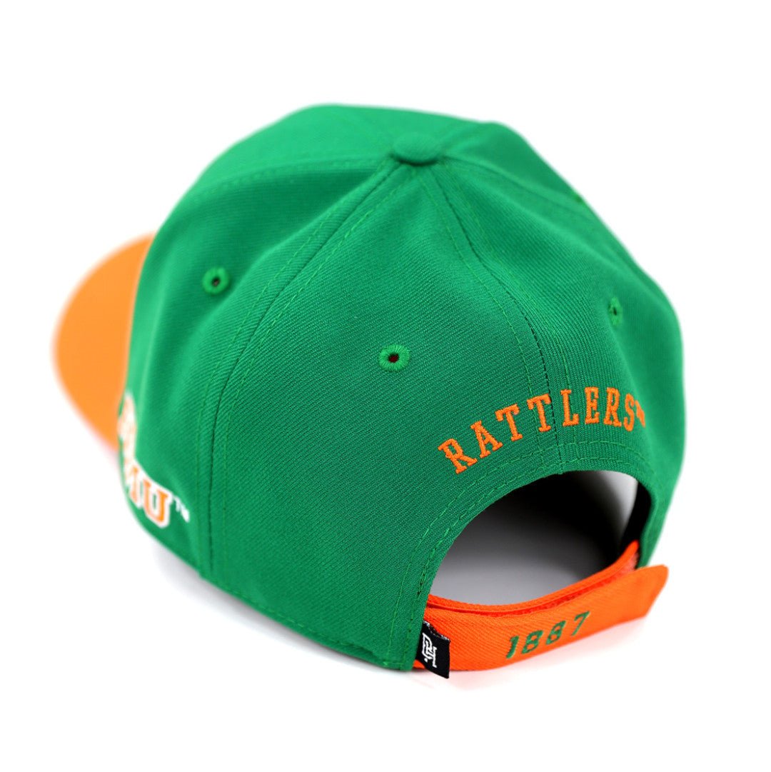 Florida A&M University (FAMU) Rattler Baseball Cap (Green, Rear) - Green and orange cap with 'Rattlers' branding on a white background