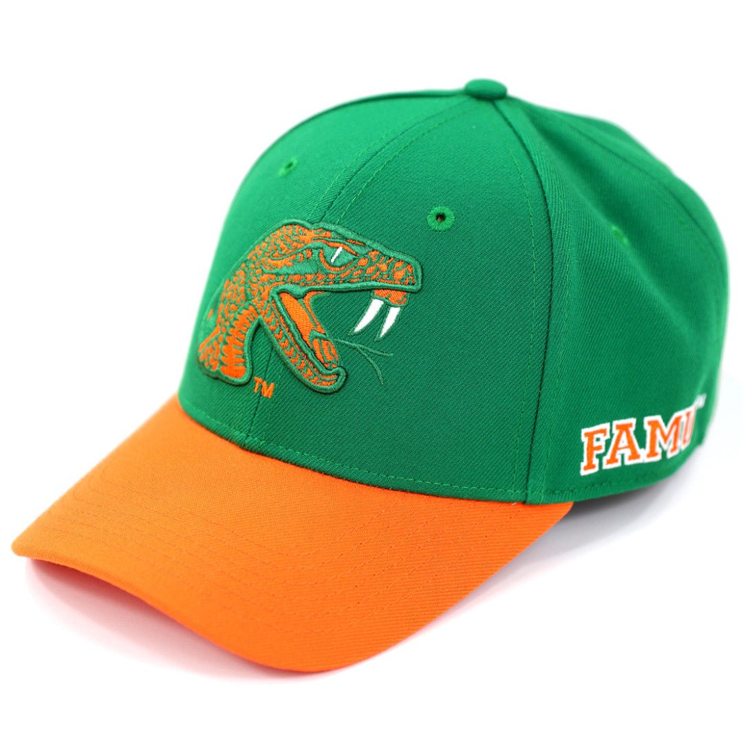 Florida A&M University (FAMU) Rattler Baseball Cap (Green, Front) - A green and orange Florida Gators baseball cap featuring an embroidered orange gator logo on the front and 'FAM' in orange and white on the side, set against a plain white background.