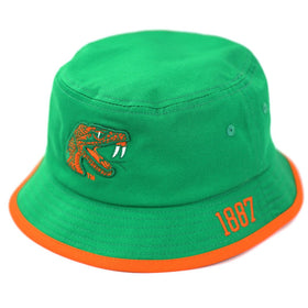 Florida A&M University (FAMU) Rattler Bucket Hat (Main) - Green bucket hat with orange rim and embroidered design on a white background