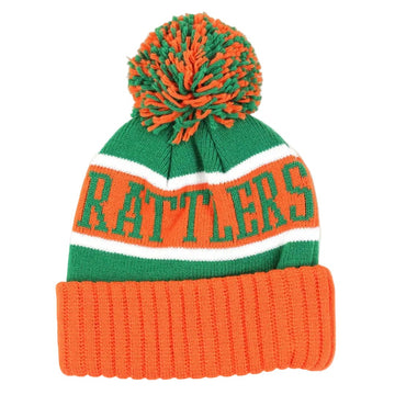 Florida A&M University Rattlers (FAMU) Beanie (Rear) - Green and orange knit beanie with pom-pom on a white background