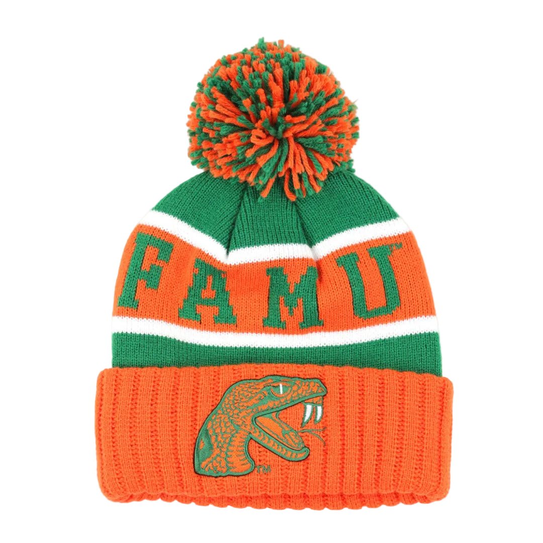 Florida A&M University Rattlers (FAMU) Beanie (Main) - An orange and green knit pom-pom beanie featuring the letters 'FAMU' in green on an orange band, a green alligator logo on the orange cuff, and a green and orange pom-pom on top.