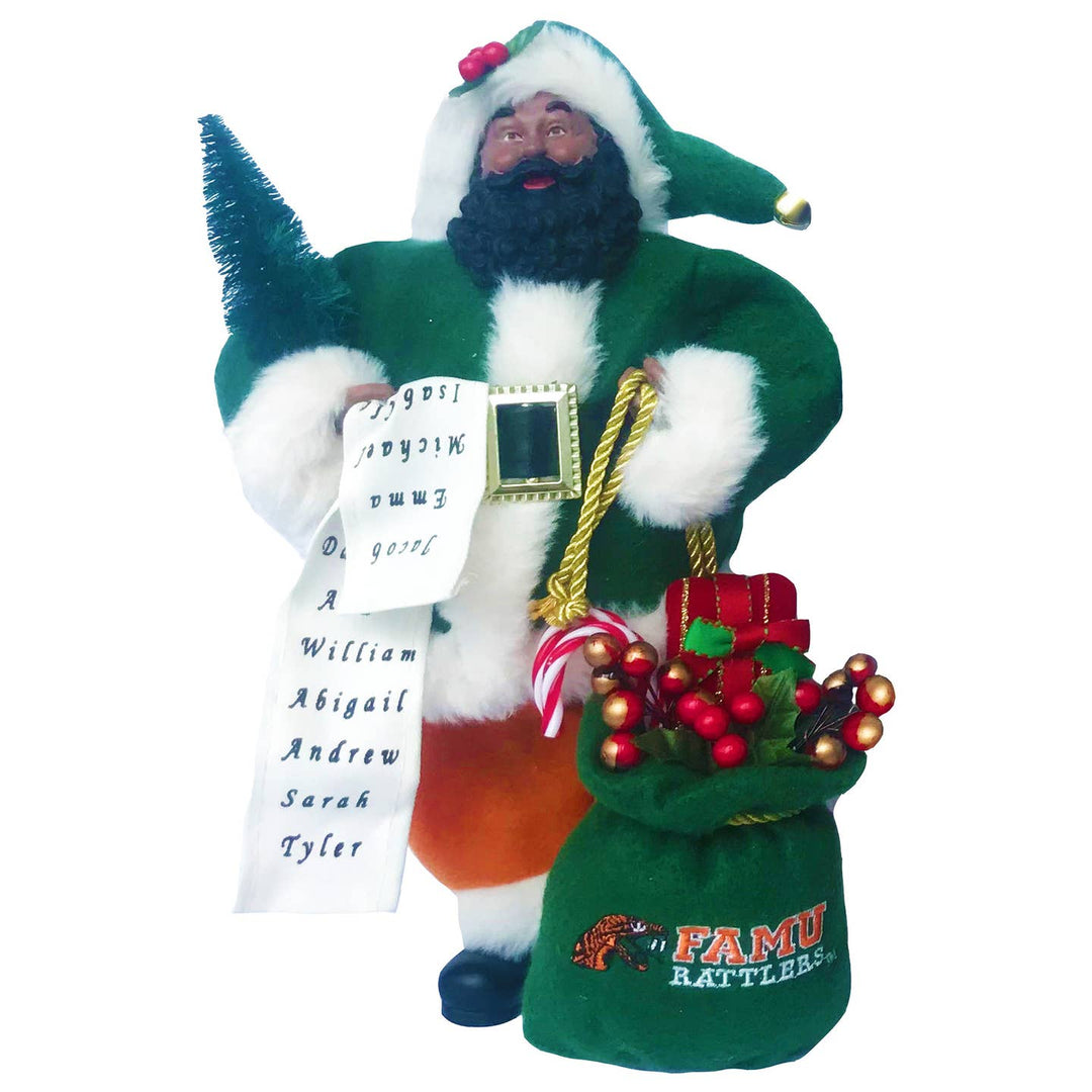FAMU Rattlers College Santa figurine in green coat with FAMU Rattlers sack