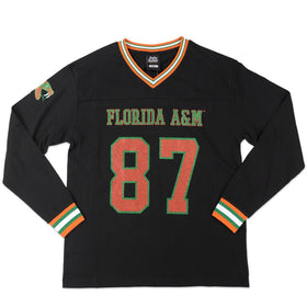 Florida A&M University Rattlers (FAMU) Long Sleeve Jersey Tee (Main) - A black long-sleeve Florida A&M hockey jersey with 'FLORIDA A&M' and the number '87' in orange with green outlines on the front, featuring orange, green, and white striped trim on the collar and cuffs.