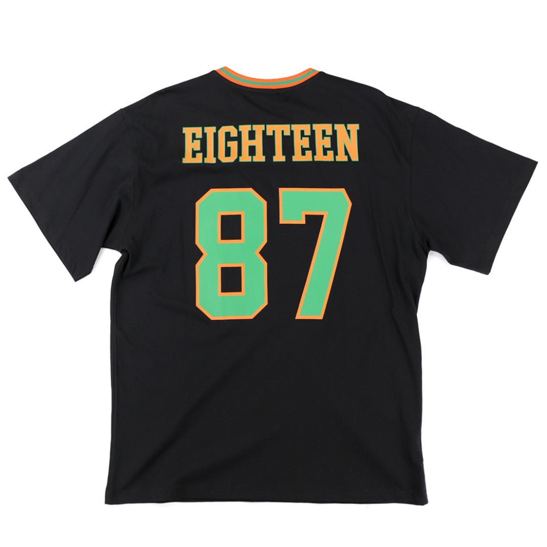 Florida A&M University Rattlers (FAMU) Oversized Jersey Tee (Rear) - Black short-sleeve t-shirt shown from the back, featuring the word 'EIGHTEEN' in yellow block letters and the number '87' in green with a yellow outline, on a plain white background.