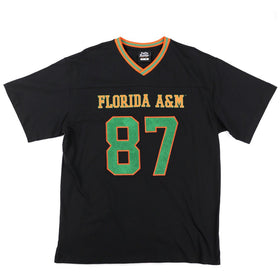 Florida A&M University Rattlers (FAMU) Oversized Jersey Tee (Main) - A black short-sleeve Florida A&M sports jersey with 'FLORIDA A&M' and the number '87' printed on the front in green and gold, displayed flat against a white background.