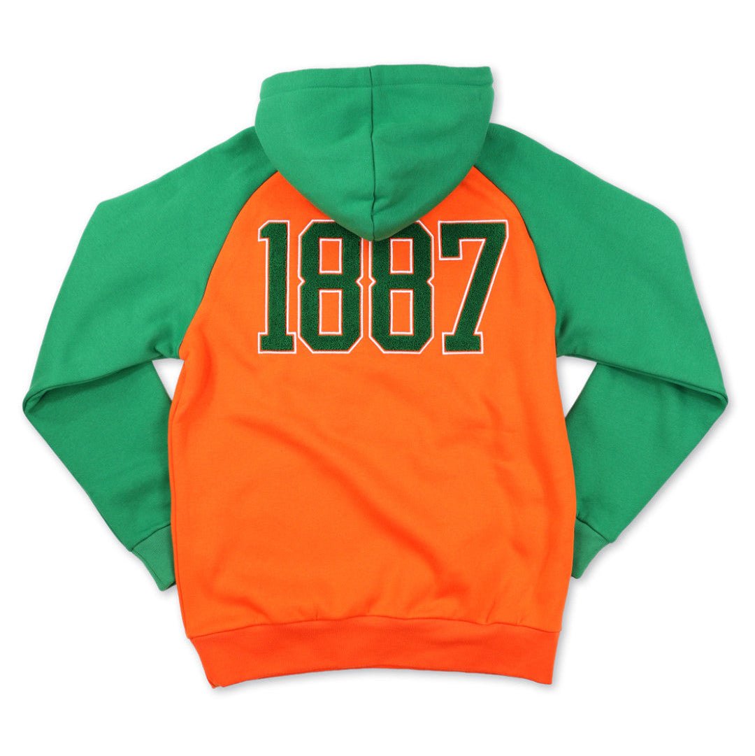 Florida A&M University (FAMU) Rattlers Hooded Sweatshirt (Rear) - A two-tone raglan hoodie shown from the back, featuring a bright orange body and green sleeves and hood. The back is printed with the number '1887' in green varsity-style lettering with a white outline.
