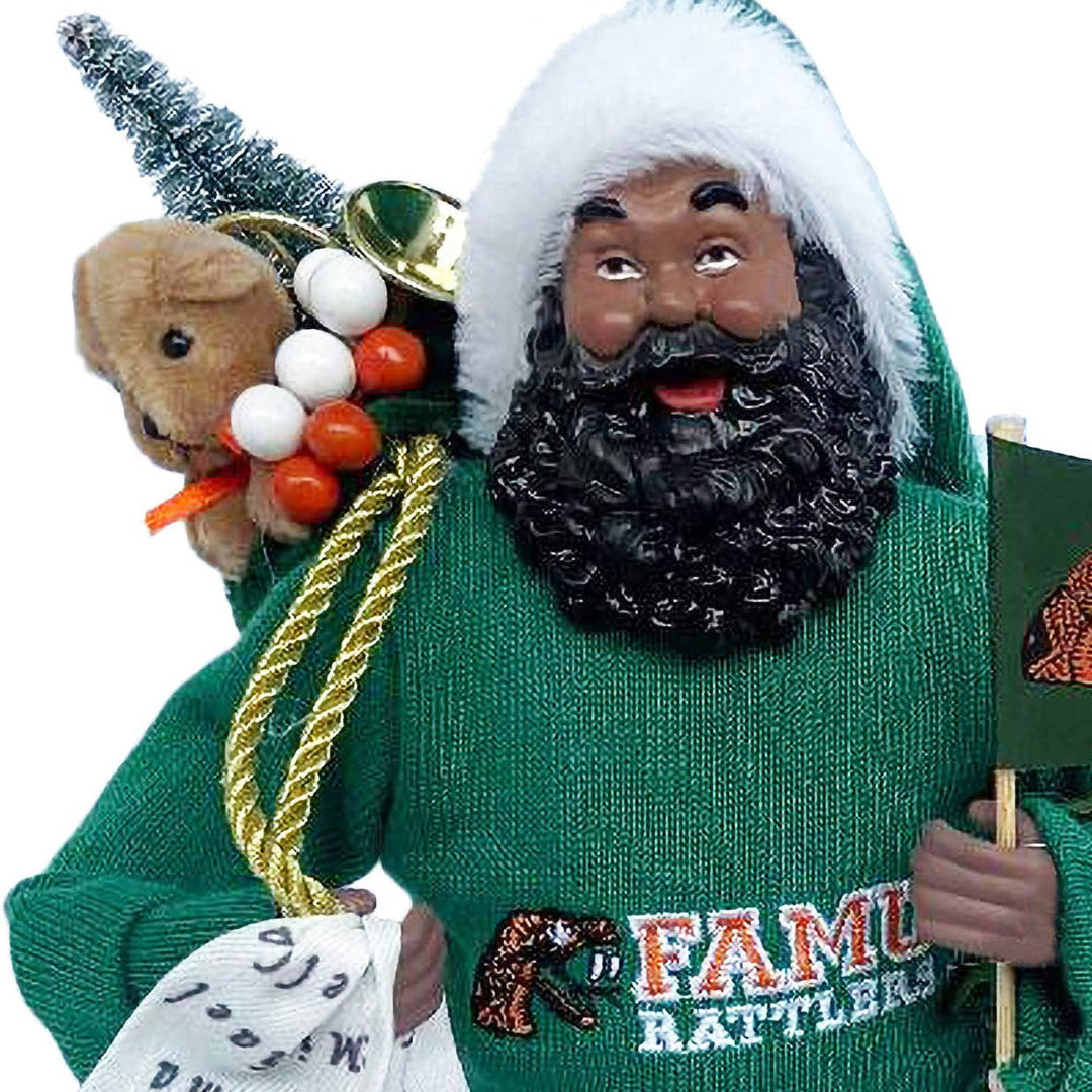 Close-up of FAMU Proud Santa face, curly beard, and FAMU Rattlers sweater logo
