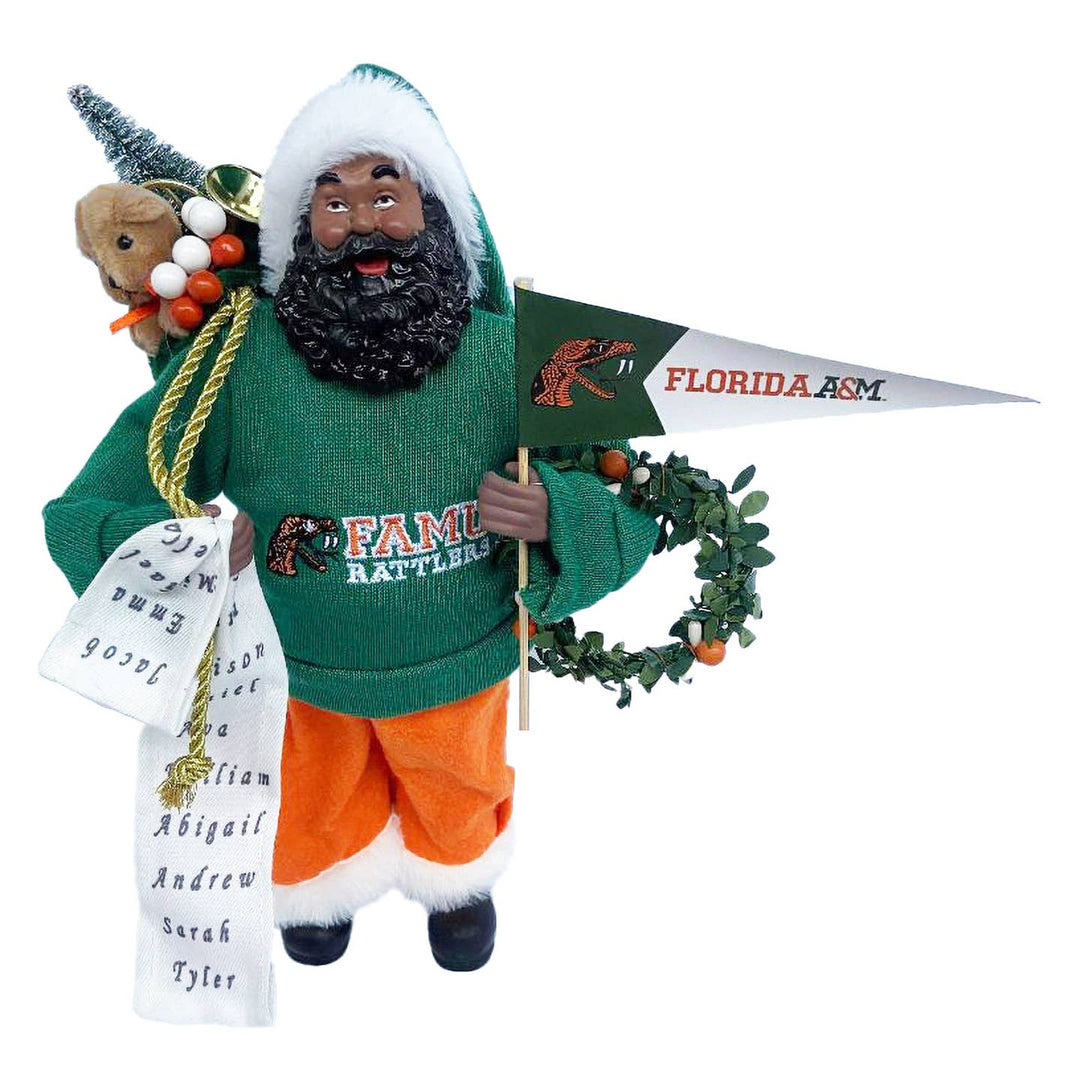 FAMU Rattlers Proud Santa figurine in green sweater with Florida A&M pennant