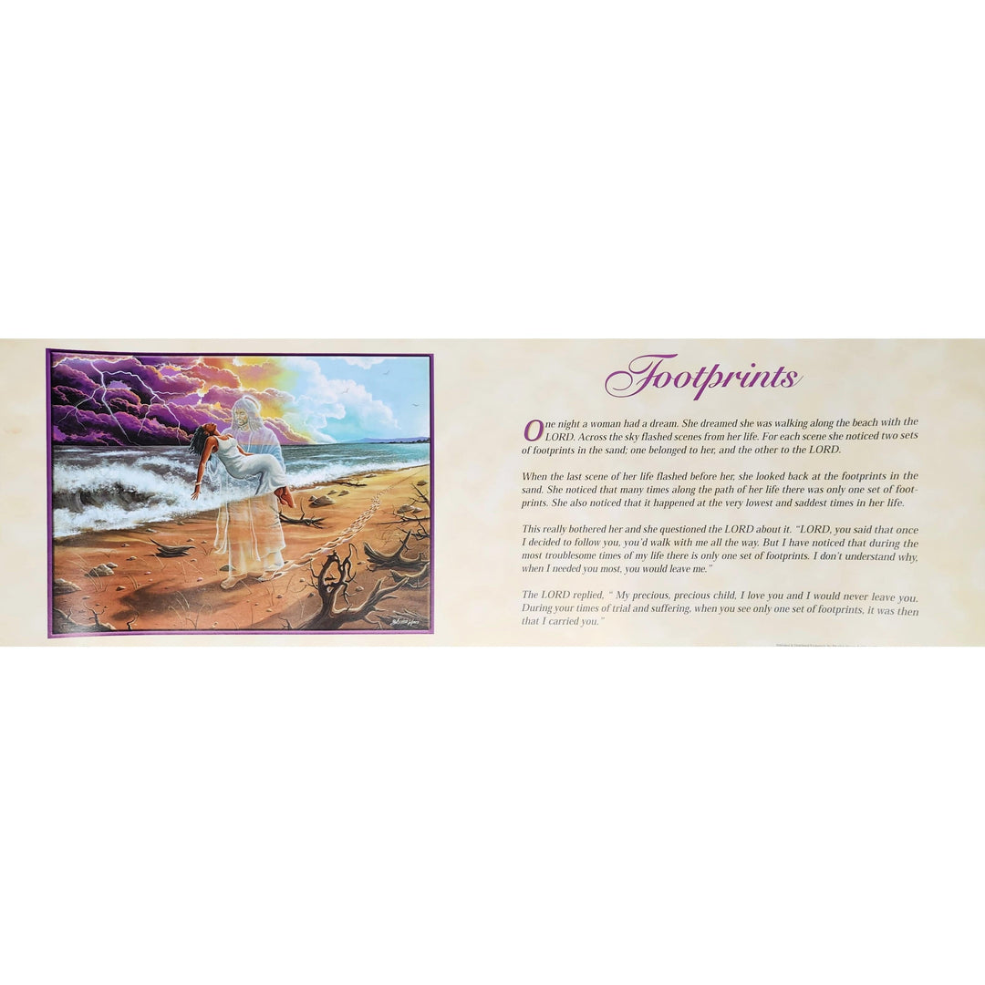 Footprints poem art by Lester Kern featuring African American woman and Jesus on beach