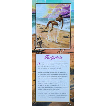 Footprints artwork by Lester Kern showing Jesus carrying a man across beach