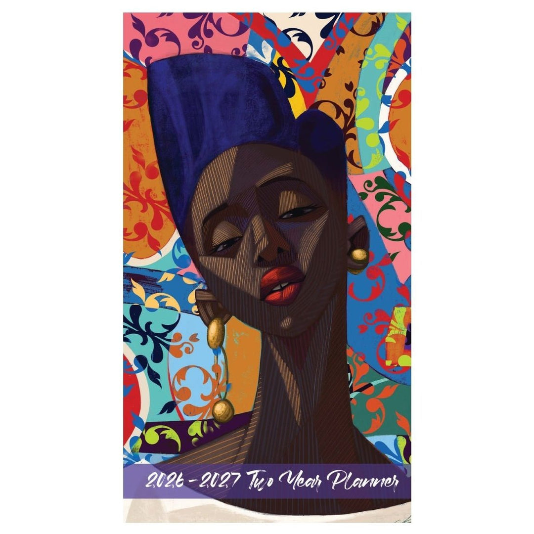 For the Culture: 2026-2027 Two Year African American Pocket Planner (Main) - Planner cover with a colorful design featuring a stylized portrait of a woman with a decorative headpiece on a white background.