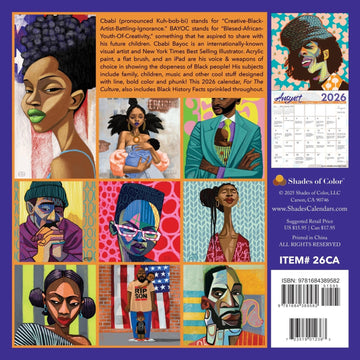 For the Culture: The Art of C'Babi Bayoc 2026 Wall Calendar (Back) - Calendar cover with artistic illustrations of people on a purple background