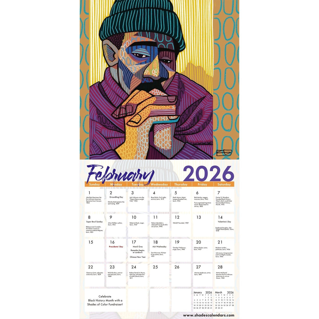 For the Culture: The Art of C'Babi Bayoc 2026 Wall Calendar (Inside) - Calendar for February 2026 with a colorful abstract design of a person wearing a beanie.