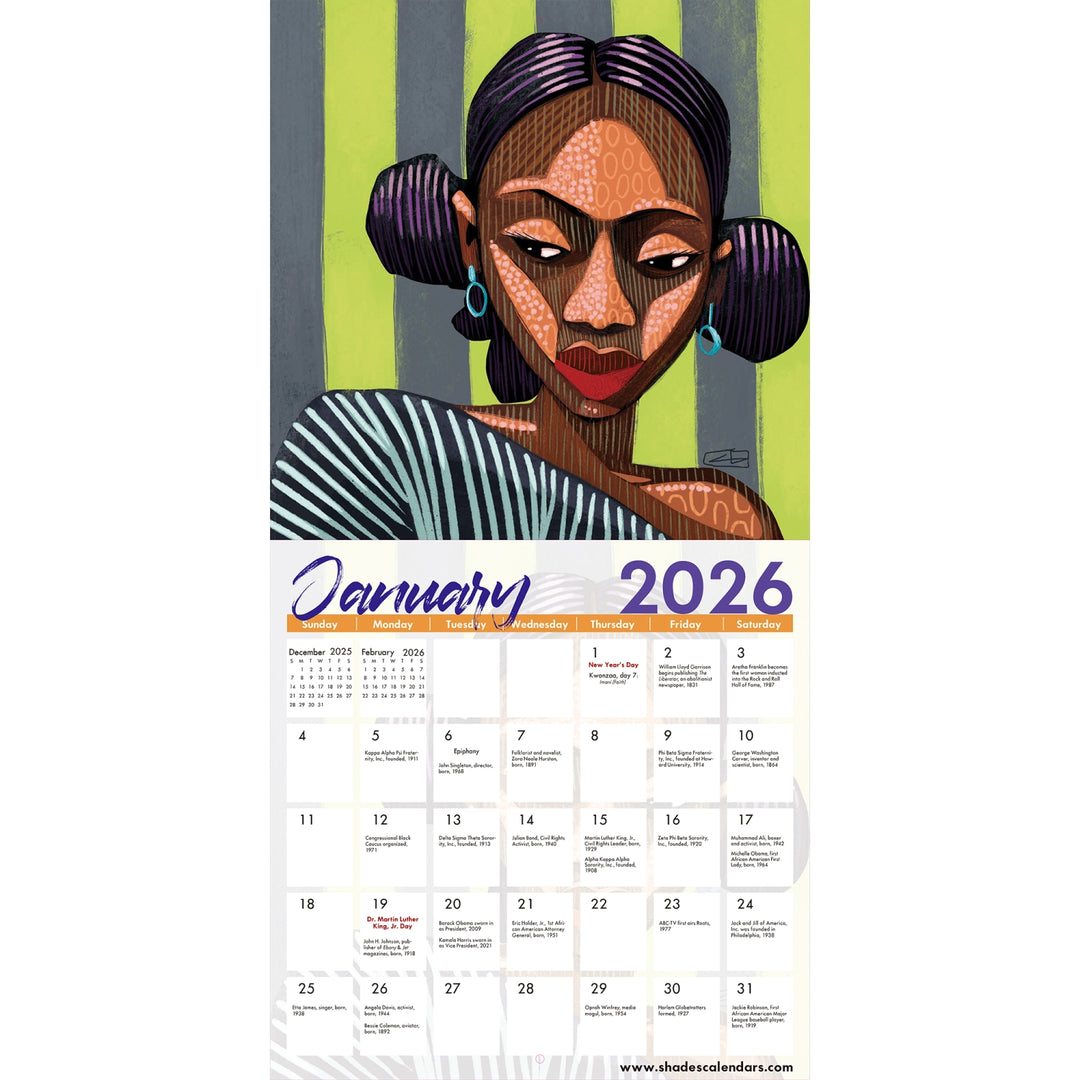 For the Culture: The Art of C'Babi Bayoc 2026 Wall Calendar (Inside 2) - Calendar for January 2026 with an illustration of a woman on a colorful striped background