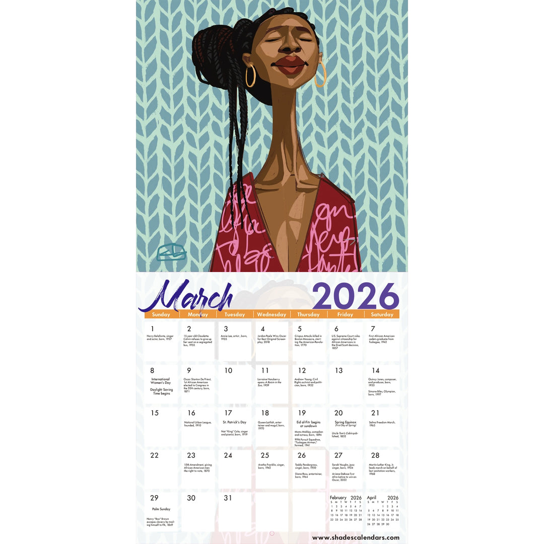 For the Culture: The Art of C'Babi Bayoc 2026 Wall Calendar (Inside 3) - Calendar for March 2026 featuring an illustration of a woman with a patterned background.