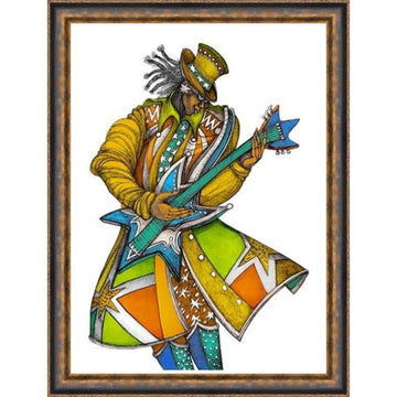 Funk Explosion II by Charles Bibbs  (Framed, M154-25) - Colorful illustration of a character holding a guitar in a wooden frame