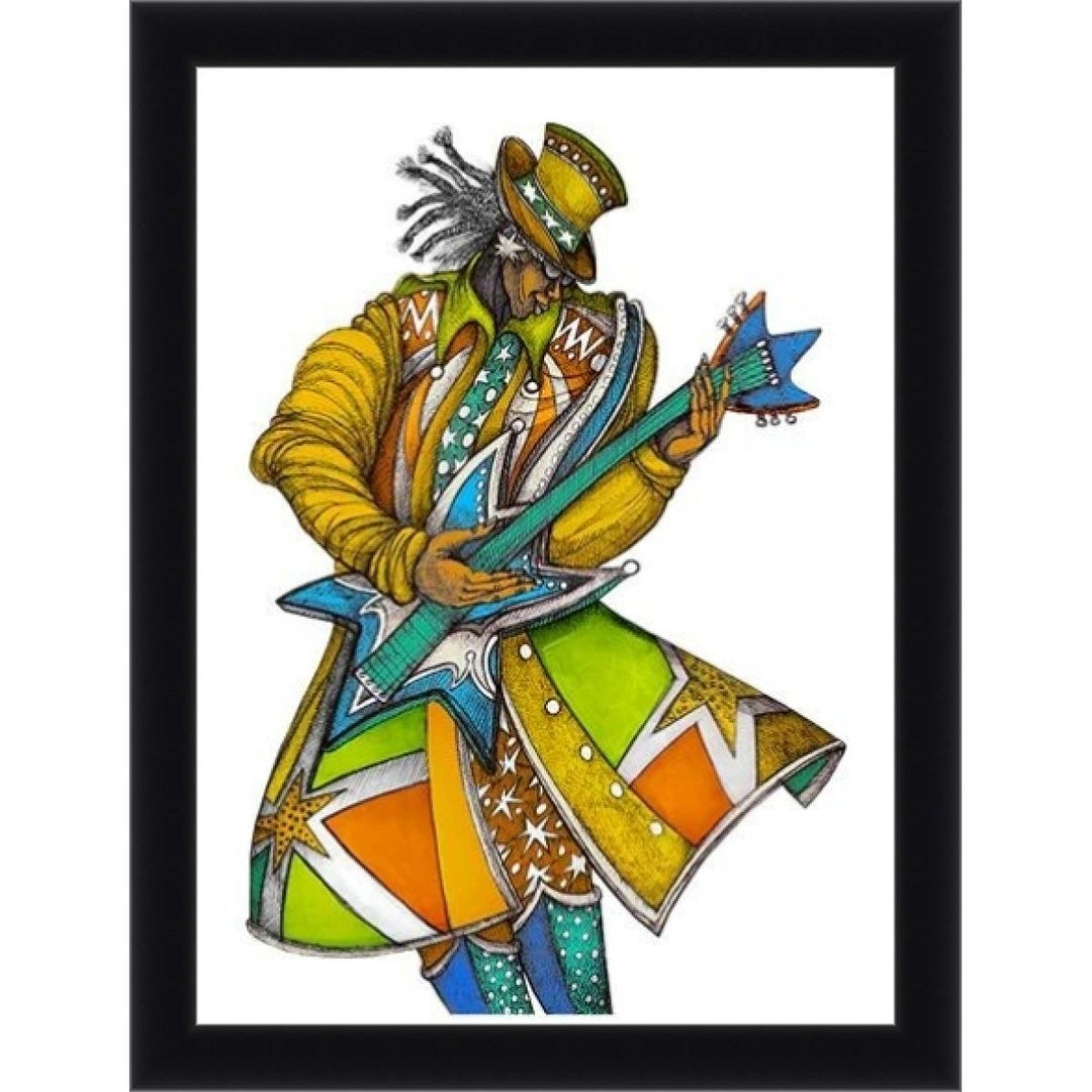 Funk Explosion II by Charles Bibbs  (Framed, M345-29) - Colorful illustration of a figure playing a guitar on a white background