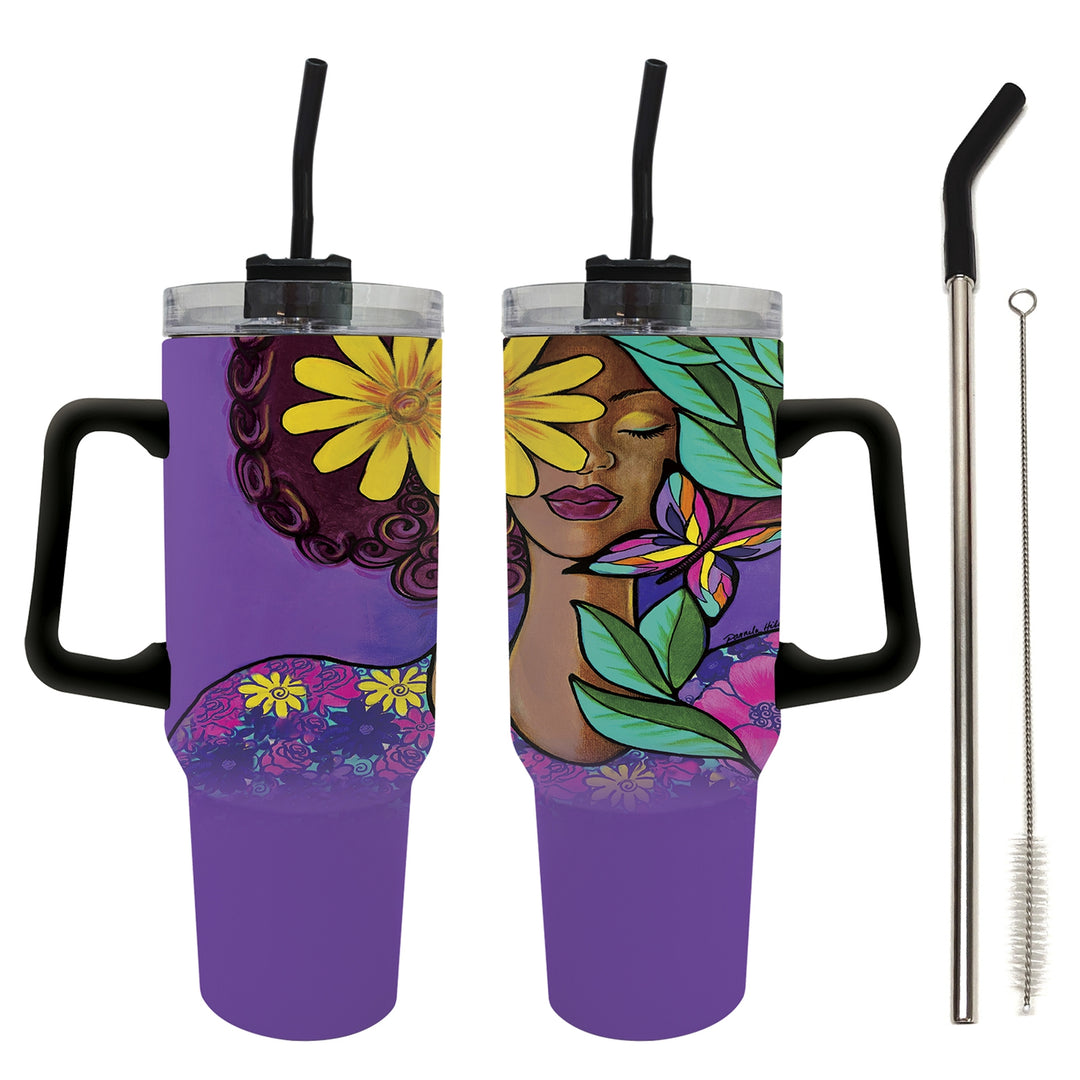 Garden Spirity by Pamela Hills: African American Tumbler with Long Handle (Main) - Two purple tumblers with artistic designs of a woman and flowers, accompanied by straws and a cleaning brush.