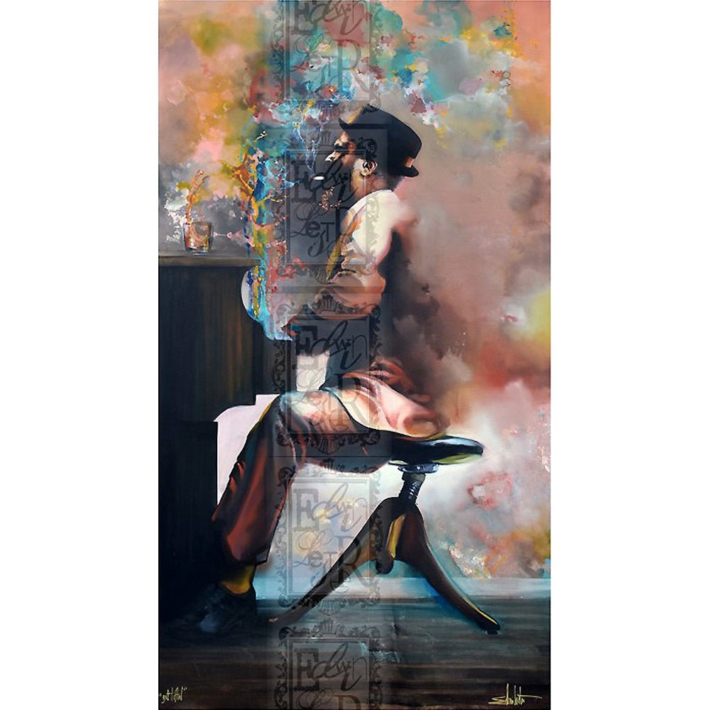 Thelonious Monk: Get Lifted by Edwin Lester (Unstretched Canvas) - Abstract artwork with a person sitting on a chair against a colorful background