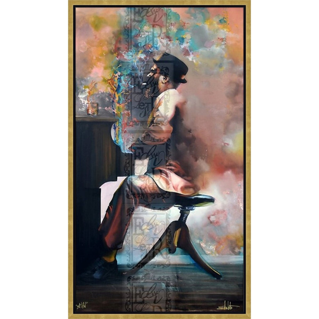 Thelonious Monk: Get Lifted by Edwin Lester (Gold Floater Frame) - Abstract painting with a person sitting on a stool against a colorful background