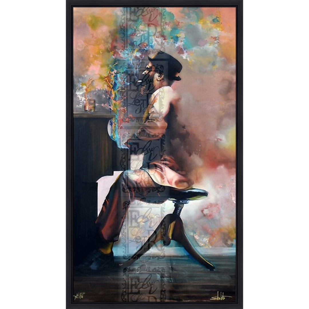 Thelonious Monk: Get Lifted by Edwin Lester (Black Floater Frame) - Abstract art piece with a person sitting on a stool, surrounded by colorful abstract elements.