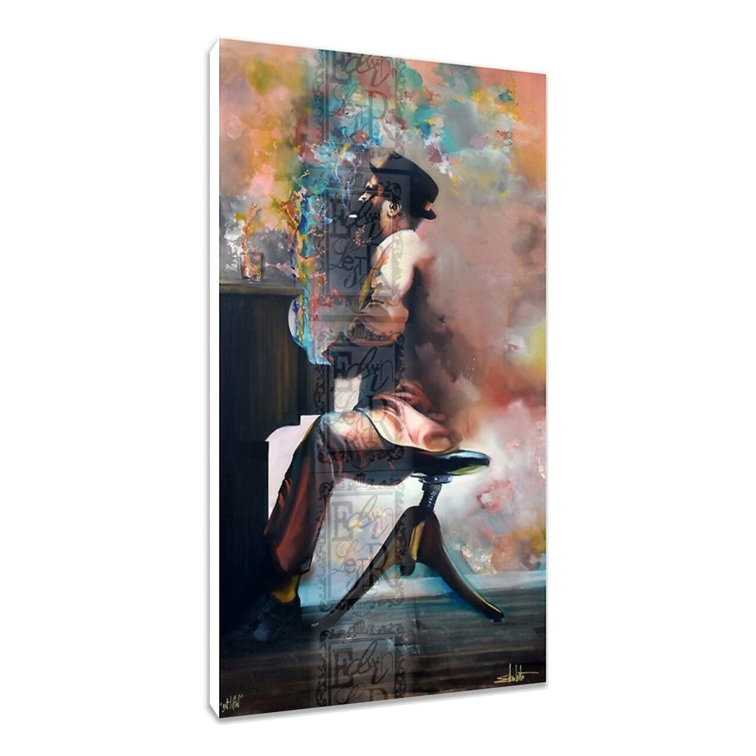 Thelonious Monk: Get Lifted by Edwin Lester (Stretched Canvas) - Abstract artwork of a person playing guitar with colorful background