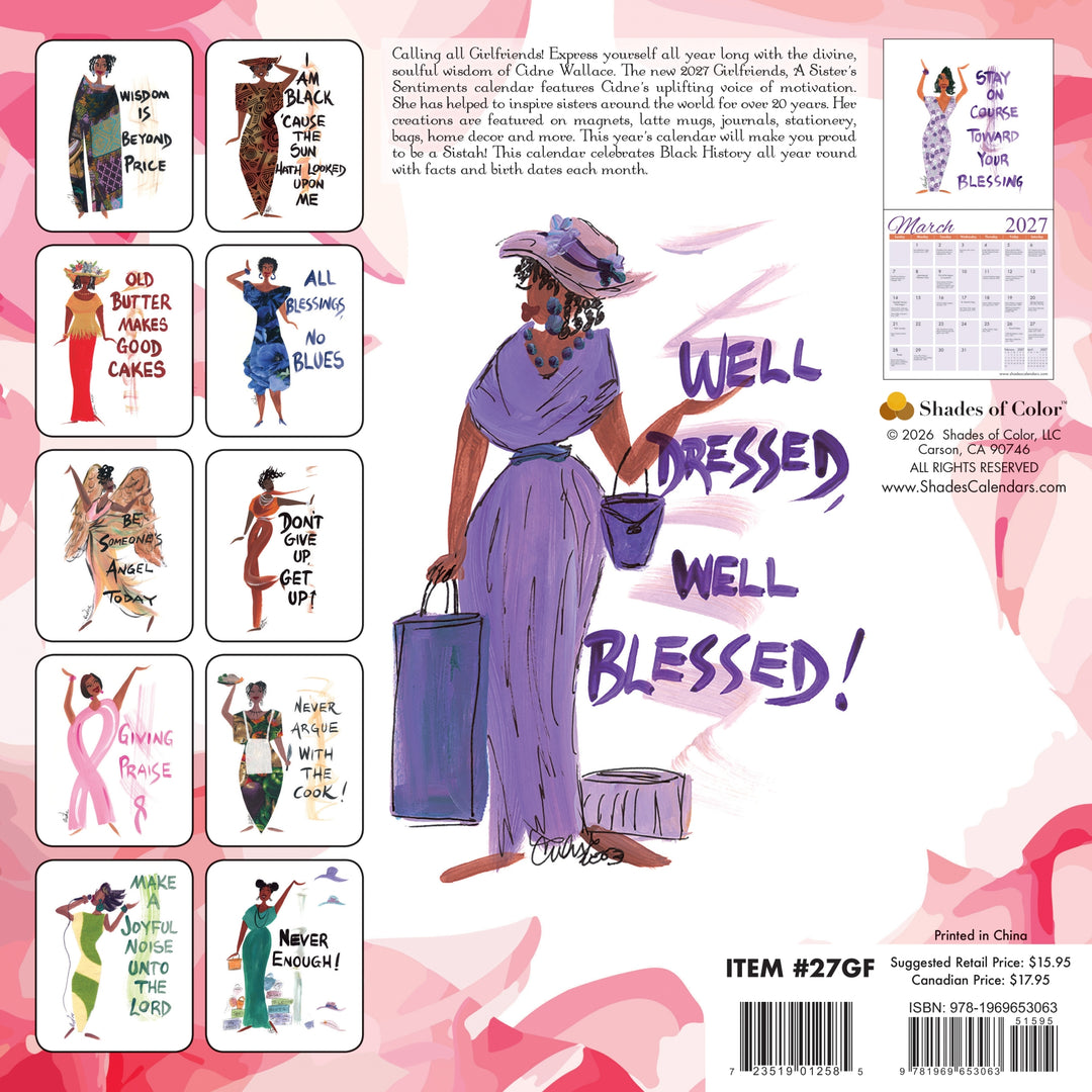 To God Be the Glory: The Art of Cidne Wallace 2027 Girlfriends Wall Calendar (Rear) - Back cover of a 'Well Dressed' Black History all-ages calendar, featuring a pink and white patterned background, a central illustration of a woman in a purple dress holding a suitcase, a 12-month calendar on the right, and twelve colorful character illustrations on the left.