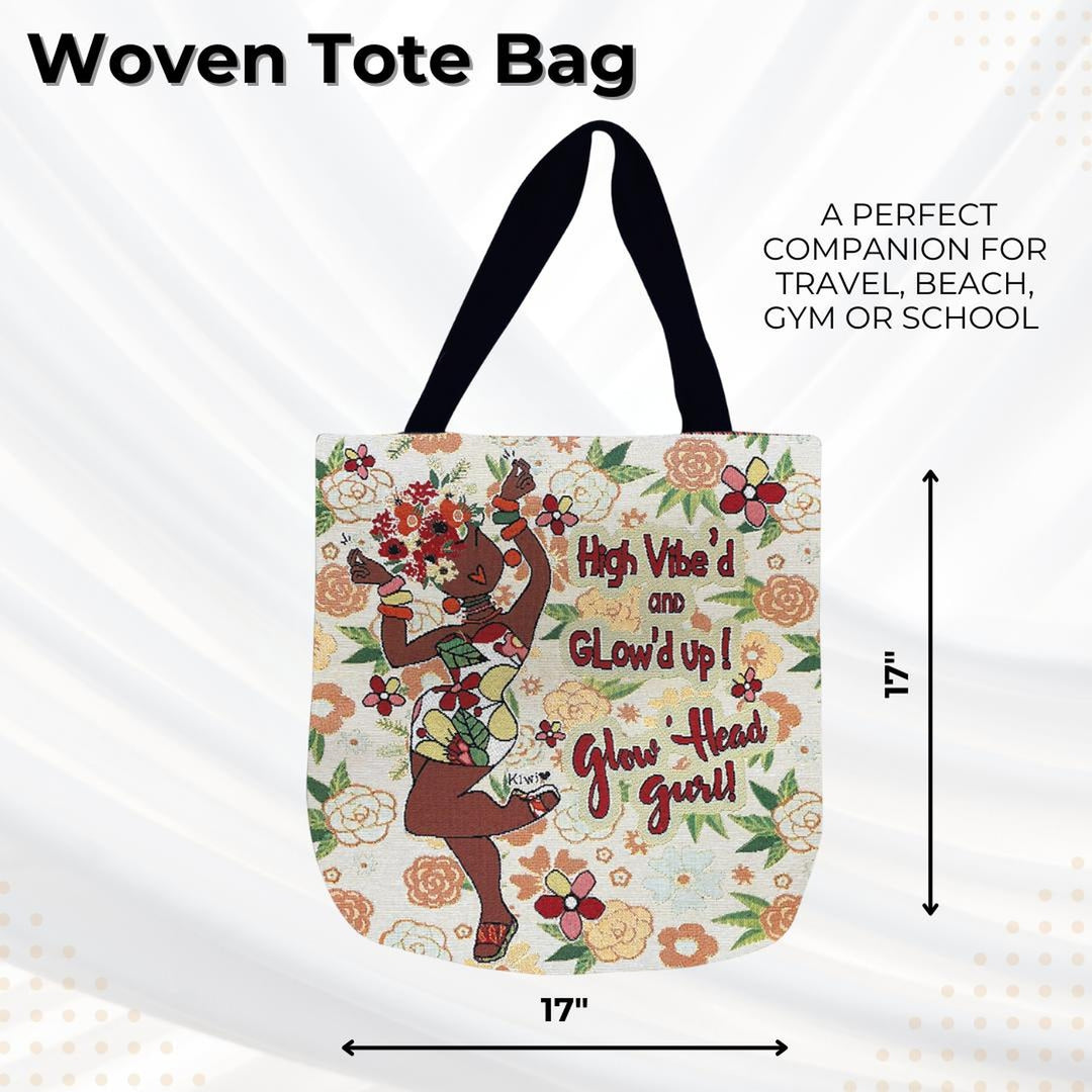 Glow'd Up by Kiwi McDowell: African American Woven Tote Bag (Sizing Guide) - Woven tote bag with floral design and text on a white background