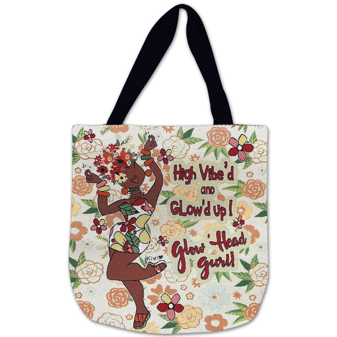 Glow'd Up by Kiwi McDowell: African American Woven Tote Bag (Main) - Tote bag with floral design and text on a white background