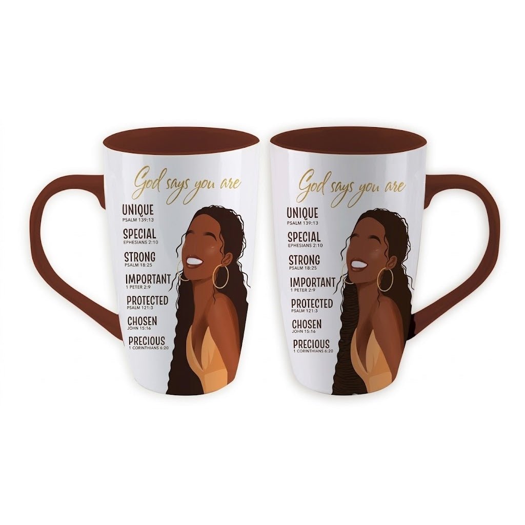 God Says You Are Ceramic Latte Mug (Main) - Two ceramic mugs with brown interiors and handles, featuring a printed illustration of a smiling Black woman and the text 'God says you are' along with affirmational words on a white background.