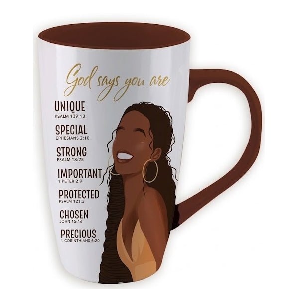 God Says You Are Ceramic Latte Mug (Rear) - A white ceramic coffee mug with a dark brown handle and interior, featuring a printed graphic of a smiling Black woman and the text 'God says you are' followed by positive affirmations on a white background.