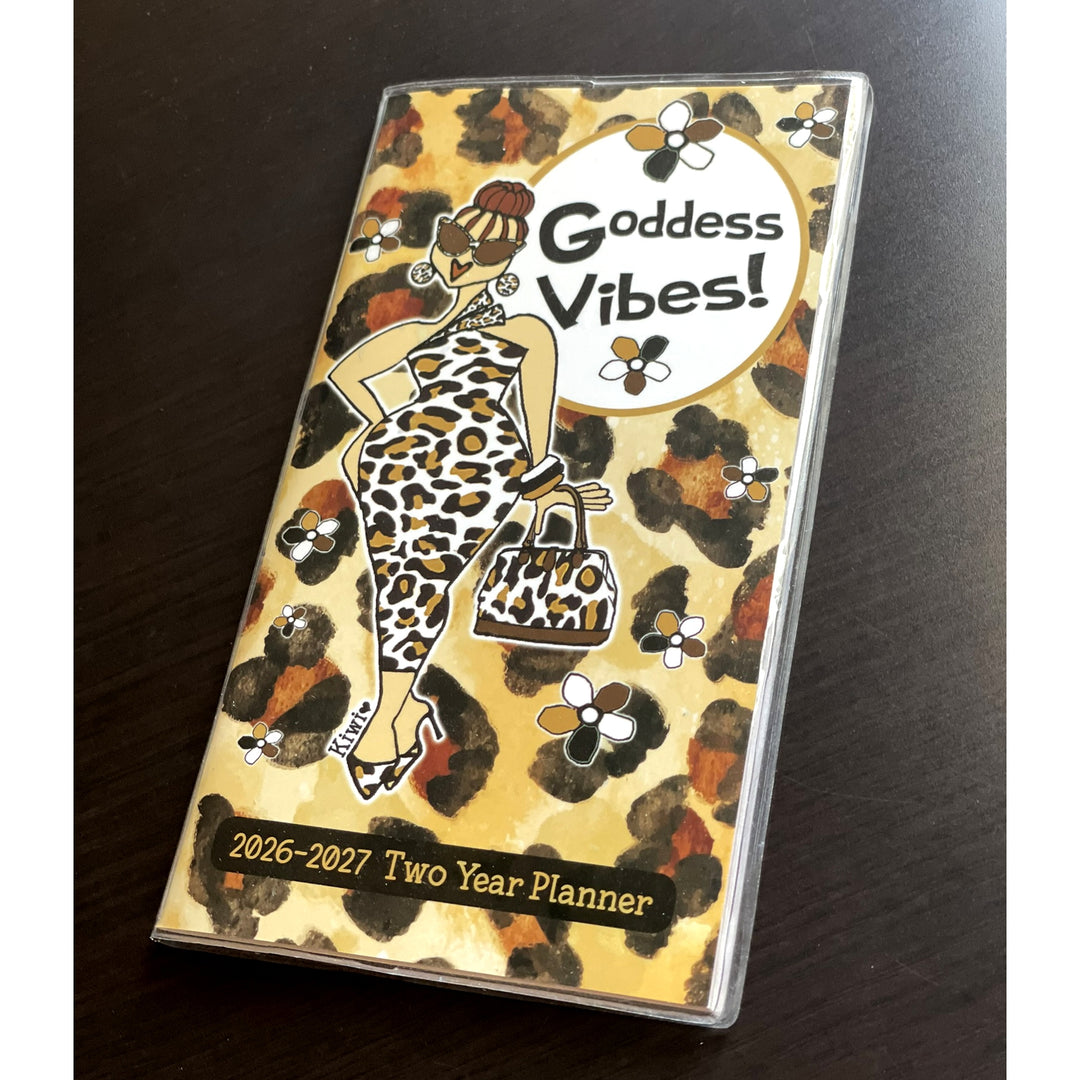 Goddess Vibes by Kiwi McDowell: 2026-2027 Two Year African American Pocket Calendar (Lifestyle Photos) - Planner with leopard print design and 'Goddess Vibes!' text on a dark surface