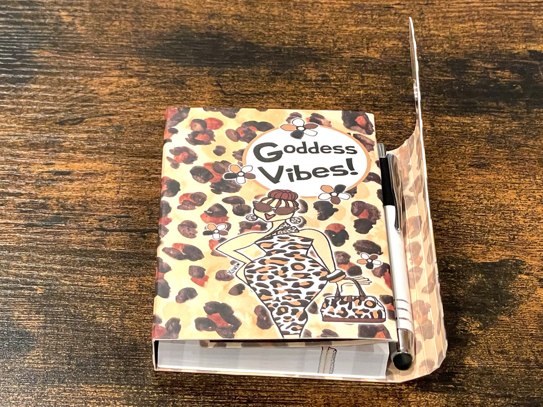 Goddess Vibes: African American Stylus Purse Pal by Kiwi McDowell (Lifestyle 2) - Notebook with 'Goddess Vibes!' design on a wooden surface
