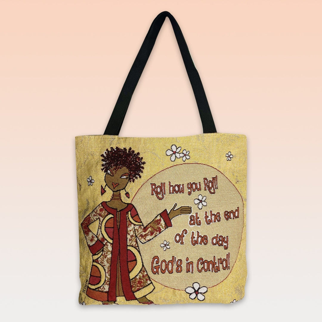 God's in Control: African American Woven Tote Bag by Kiwi McDowell (Colored Background)