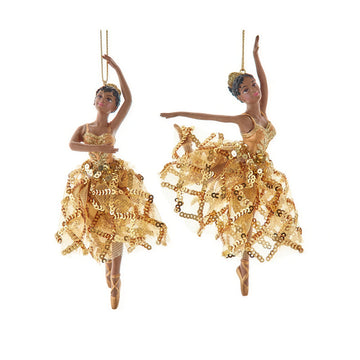 Golden Tutus (Ballerinas): Christmas Ornament Set (Main) - Two gold-dressed ballerina figurines on a white background