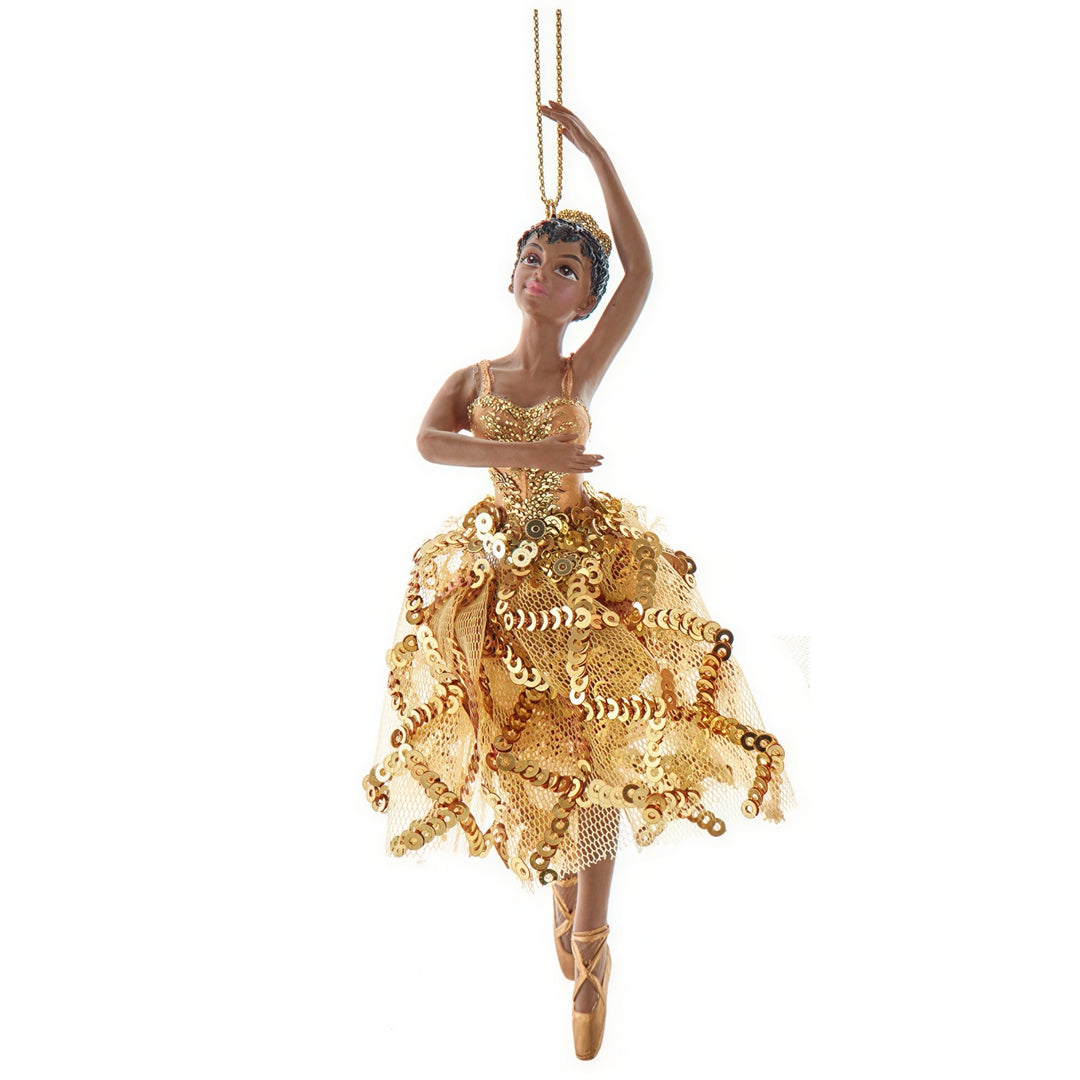 Golden Tutus (Ballerinas): Christmas Ornament Set (Pose 1) - Decorative ballerina figurine with a gold dress on a white background