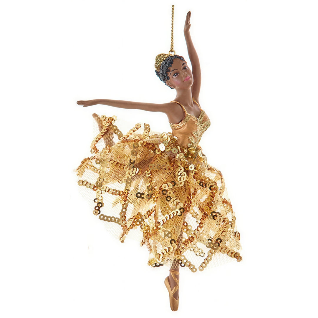 Golden Tutus (Ballerinas): Christmas Ornament Set (Pose 2) - Gold sequin dancer ornament on a white background