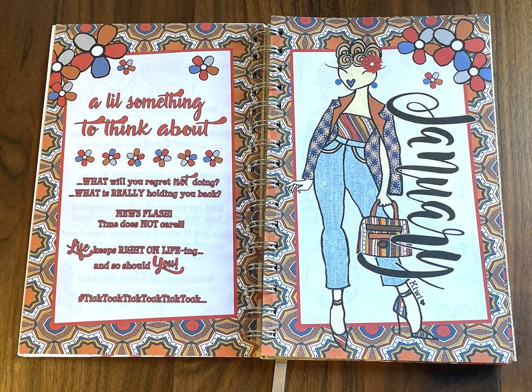 Good Vibes & Voice Mails 2027 Weekly Inspirational Planner by Kiwi McDowell (Affirmation Page) - An open handmade paper journal or notebook spread on a wooden surface, showing illustrated and text-based pages with a colorful retro pattern border.